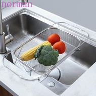 NORMAN Expandable Sink Colander, Stainless Steel Fine Mesh Sink Drainer Basket, Dish Drainers Adjustable Length Versatile Rustproof Dish Drying Rack Dishes