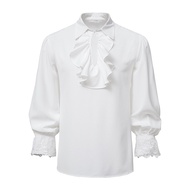 Men Shirt Stand Collar Lapel Ruffle Lace Long Sleeve Pullover Steampunk Retro Medieval Cosplay Hallo