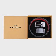 COACH 緹花LOGO/素面雙釦頭雙面用皮帶禮盒組- 咖啡/紅