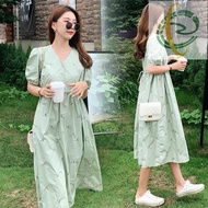 Ai1 301# Maternity Frock Trendy Cotton Fresh Arrived Long Sleeves V Neck Large Size Embroidery Midi 