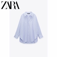 Zara ใหม่ เสื้อเชิ้ต ทรงหลวม ลายทาง สีฟ้า และสีขาว สําหรับผู้หญิง