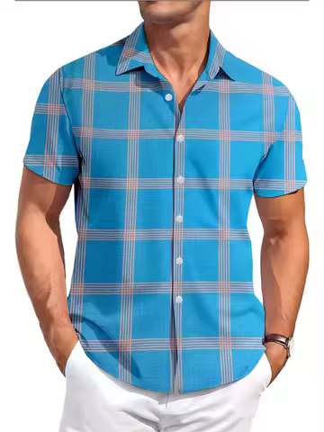 Summer Men's Checkered Shirt Casual Versatile Beach T-Shirt Short-Sleeved Shirt