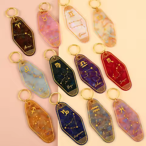 1 pieces acrylic 12 Zodiac Sign glitter Retro Motel Keychain best Mother's day gift Accessory Hand c