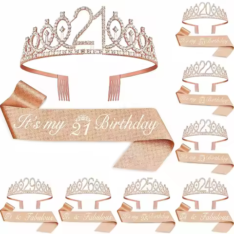 Birthday Tiara Crown Sash Women Girls 20th 21th 22th 23th 24st 25th 26th 29th 30th Birthday Party De