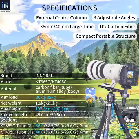 INNOREL KT365C/KT405C 5 Sections Professional Carbon Fiber Tripod, for DSLR Camera with Low Gravity