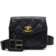 Chanel Vintage Black Quilted Caviar Envelope Flap Belt Bag Gold Hardware, 1991-1994