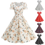 Chic Floral Print Women Vintage Summer Dresses 2026 Fashion Square Collar Short Sleeve 1950s Retro E