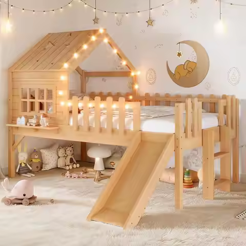 Twin Size Low Loft Bed with Slide, Kids House Loft Bed with LED Lights, Solid Wood Low Loft Bed Fram
