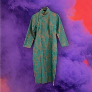 二手 綠咖毛料 織紋 緄邊 古董訂製 長袖 旗袍 G206