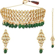 Efulgenz Indian Bridal Choker Necklace Earrings with Maang Tikka Ethnic Wedding Faux Kundan Jewelry Set Bollywood Jewellery for Women