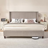 VanAcc King Size Platform Bed Frame, 50.8" Corduroy Upholstered Bed with Vertical Channel Tufted Headboard/Wingback/Wooden Slats/No Box Spring Required/Taupe