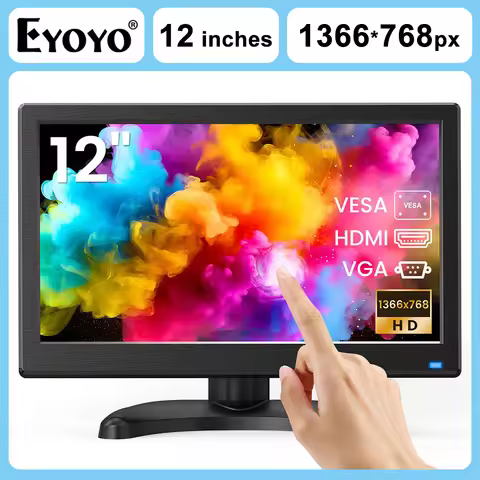 EYOYO 12" LED Computer Monitor Built-in Speaker 1366x768 10-Point Capacitive Touch Screen Display wi