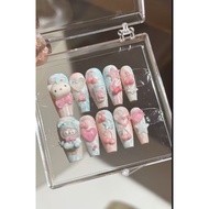 Mint green labubu sweet girl cute kitty handmade artificial press-on fake nails