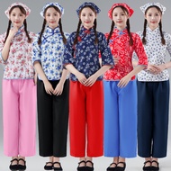 现货阿庆嫂碎花采茶女村姑衣服民族舞蹈乡村风古装农村戏服表演出服装Sister-in-law, flower-broken, tea-picking, female village girl's clo