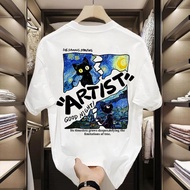 (24 Hours Shipping) Over Size T-Shirt unisex Front-Back Screen "ARTIST CAT" Pattern Comfortable 1 Hi