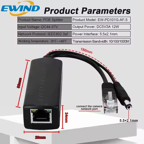 EWIND POE Splitter 10/100/1000Mbps Ethernet Splitter IEEE802.3af 44-57V To 5V Power Supply for Non-P