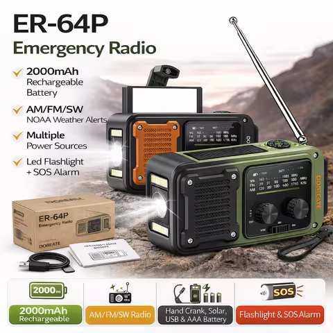 Docreate Emergency Radio With Flashlight & 2000mAh Power Bank, NOAA Weather Radio AM/FM, USB Recharg