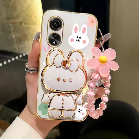 A 38 78 Flower Strap Rabbit Makeup Mirror Phone Holder Case On For Oppo A38 4G A78 4G A17 A18 OppoA3