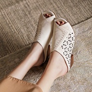 YK8 Women's Leather Thick Heel Fish Mouth Sandals - Soft Sole & Retro Style