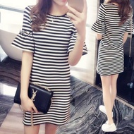 Korean Style Women Striped Dress Flare Sleeve Short Sleeve Causal Dress