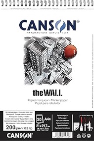 CANSON The Wall Marker 200gsm A4 Paper, Extra Smooth, Spiral Pad Short Side, 30 White Sheets, Ideal for Professional Artists &amp; Illustrators