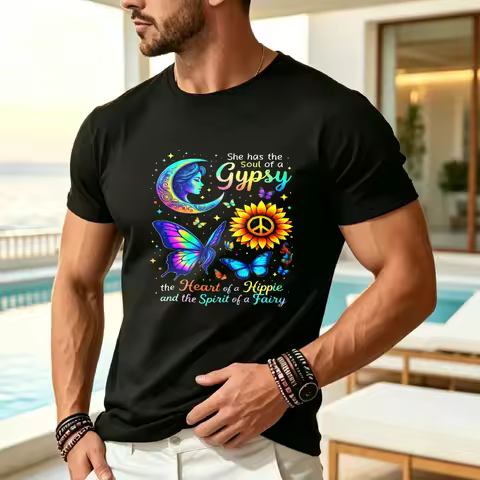 Colorful Crescent Moon And Sun Face Design 'She Has The Soul of a Gypsy' Quote T-Shirt Comfort Fit M
