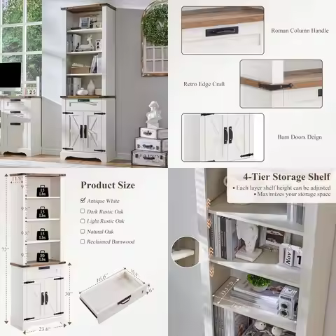 72" tall farmhouse style bookshelf with storage and adjustable shelves