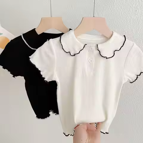 2026 Summer Sweet Style Girls T-shirt Contrast Ruffled Trim Peter Pan Collar Top Soft Thin Children 