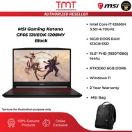 MSI Gaming Katana GF66 12UEOK-1208MY Laptop | i7-12650H | 16GB Ram/512GB SSD | 15.6"FHD 144Hz/RTX3060 | W11 | 2-Y Warranty