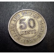 Malaya Borneo 50 Cents Queen Elizabeth II Year 1954 - 1961 ( Circulated High Grade)