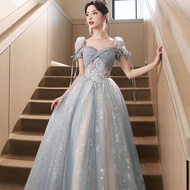 Korean Blue Retro Elegant Puff Sleeve Prom Cocktail Dinner Evening Dress Gown