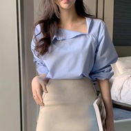 groove_grace เสื้อเชิ้ตแขนยาวลําลอง ทรงหลวม ลายทาง สีฟ้าอ่อน ผ้าบางใส่สบาย สีพาสเทลน่ารักมาก แฟชั่นเ