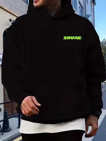 Men's Black Neon Green SHURE Hoodie - Loose Polyester Machine Washable All-Season Casual/Formal