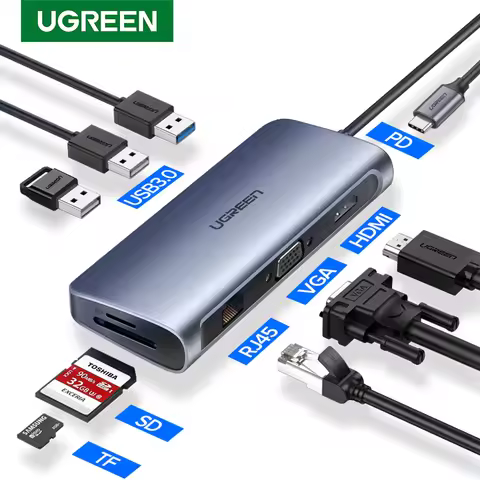 UGREEN USB-C HUB 9-in-1 Type-C to 4K HDMI 1080P VGA RJ45 PD100W SD&TF USB3.0 Adapter for Laptop MacB