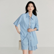 INMAN | เสื้อเชิ้ตยีนส์ทรงหลวมสำหรับผู้หญิงในช่วงฤดูร้อนปี 2025 แขนสั้น UPF50+ ป้องกันแสงแดด ผ้าลินิ