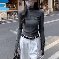 NCB11 พอดีบางเฉียบ เสื้อกันหนาวสีทึบสำหรับผู้หญิง คอปกแบบยืน เกาหลีแบบเกาหลี เสื้อครอปสตรี ง่ายๆ แบบ