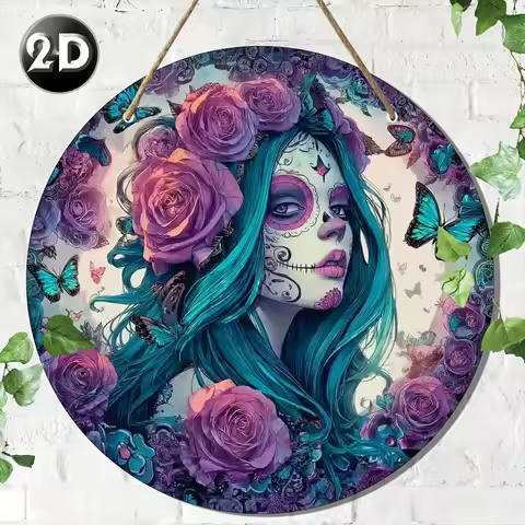 2D plan, 1 piece of Mexican folk art Katrina skull wall decoration, circular Day of the Dead decorat