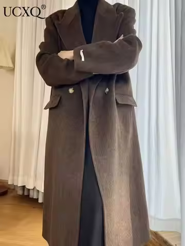 UCXQ Korean Style Two Sided Wool Overcoat For Women Lapel Solid Color Double Breasted Long Overcoats