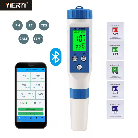 Smart 5 in 1 Salinity EC TDS Temp pH Meter Bluetooth Water Quality PH Tester APP Control for Aquariu