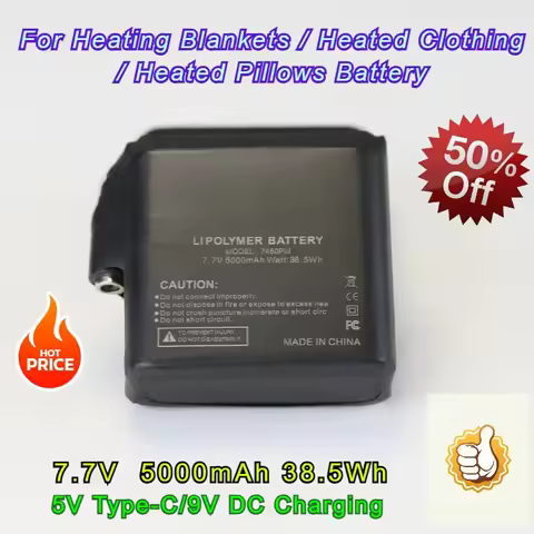 New 5000mAh 7.7V Lithium Battery Pack 5V Type-C/9V DC Charging for Heating Blankets/Heated Clothing/