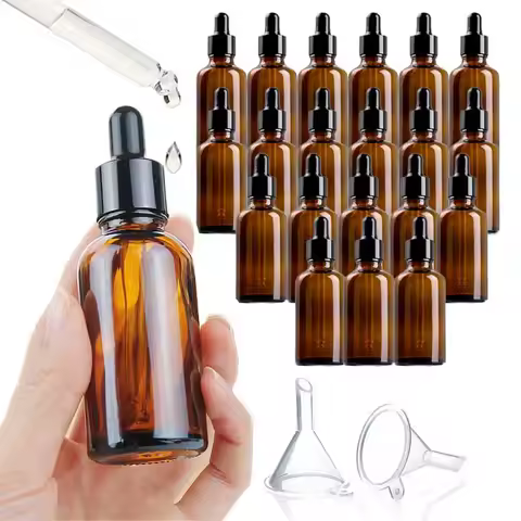 6/12/24/30pcs Empty Dropper Bottles 30ml Amber Glass Refillable Cosmetic Perfume Bottles With Pipett