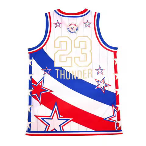 Harlem Globetrotters' Thunder '# 23 Basketball Suit White and Red/Blue Star Printed Breathable Home 