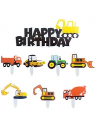 15入組工程車規格紙牌,適用於杯子蛋糕、生日蛋糕裝飾,雙面厚紙插入