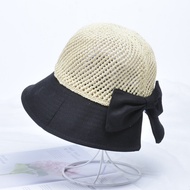 Women Summer Knit Straw Hat Fashion Wide Brim Casual Beach Sun Hat Sunscreen UV Protection Panama Bow Ponytail Fisherman Cap U54
