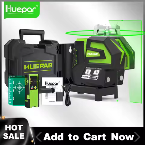 Huepar 7211CG Green Laser Level Self-Leveling Cross Line 2 Plumb Dots Li-ion Battery 360° Horizontal