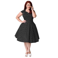Women Plus Size Retro Polka Dot Dress 1950s 60s Rockabilly Swing Dress A-Line Party Midi Dress Black
