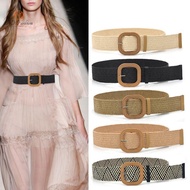 { MY Fashion }   Summer Women Elastic Woven Belt Square Buckle Vintage Boho Straw Belt Dress Belt  .