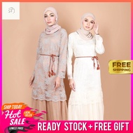 Women Lara Floral Lace Jubah Muslimah Maxi Long Chiffon One Piece With Waist Belt Tie Dress [J29995] FREE SHIP [KR] [KF]