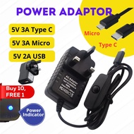 (POWER ADAPTOR) TYPE C 5V 3A/MICRO 5V 3A/Adaptor UK 3 Pin Plug/Power Supply/ON OFF BUTTON
