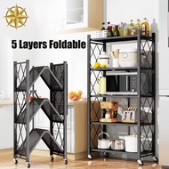▥5 Tier Storage Rack Kitchen Organizer Shelves 5 Layer Foldable Steel Metal Shelf With Wheels Trolle